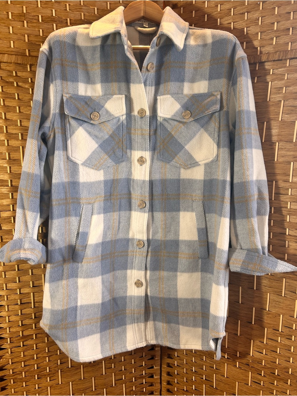 Blue Cream Plaid Shacket Oversized Cabin Core Button Front Coat Women L